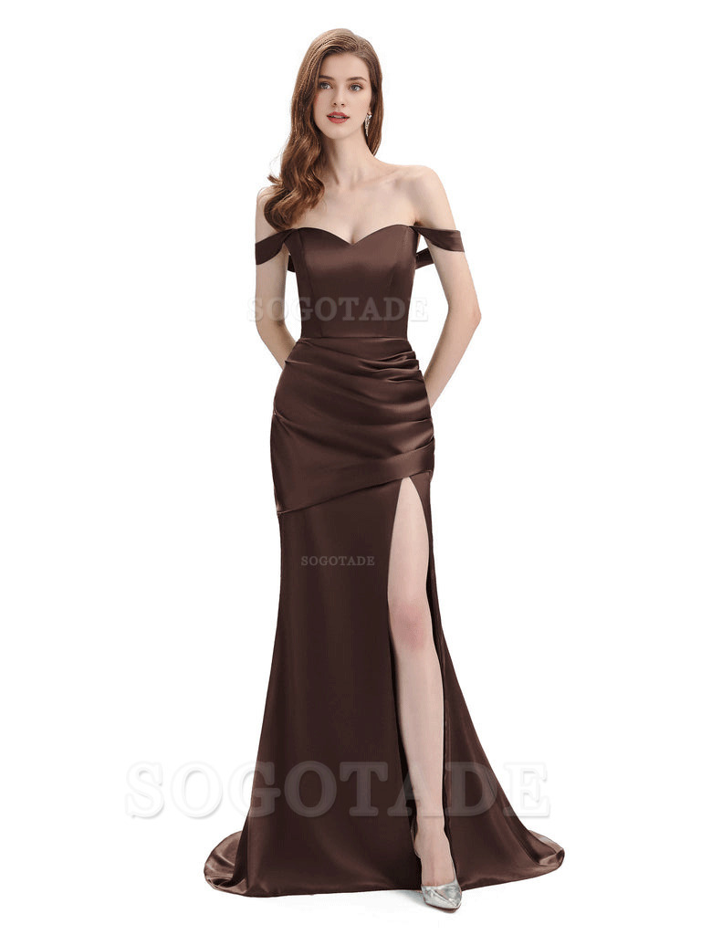 Sexy Soft Satin Side Hight Slit Off The Shoulder Floor-Length Mermaid Bridesmaid Dresses