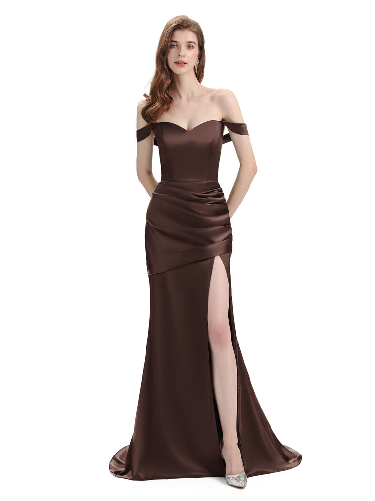 Sexy Soft Satin Side Hight Slit Off The Shoulder Floor-Length Mermaid Bridesmaid Dresses
