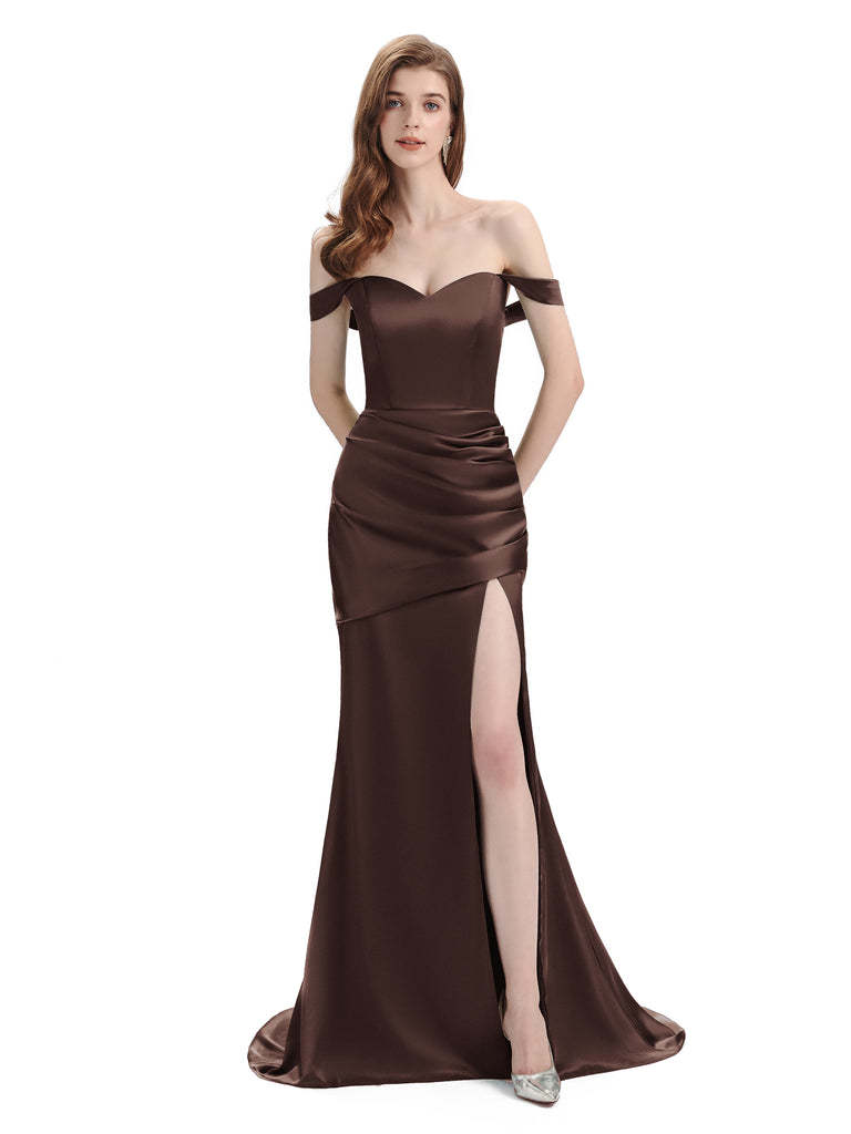Sexy Soft Satin Side Hight Slit Off The Shoulder Floor-Length Mermaid Bridesmaid Dresses