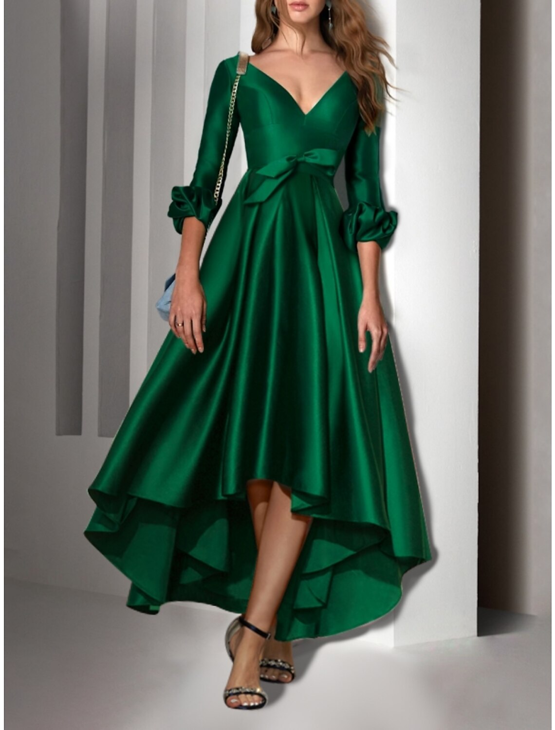 A-Line Cocktail Dresses Party Dress Wedding Guest Birthday Asymmetrical 3/4 Length Sleeve V Neck Satin with Bow(s) Pleats 2024-SOGOTADE
