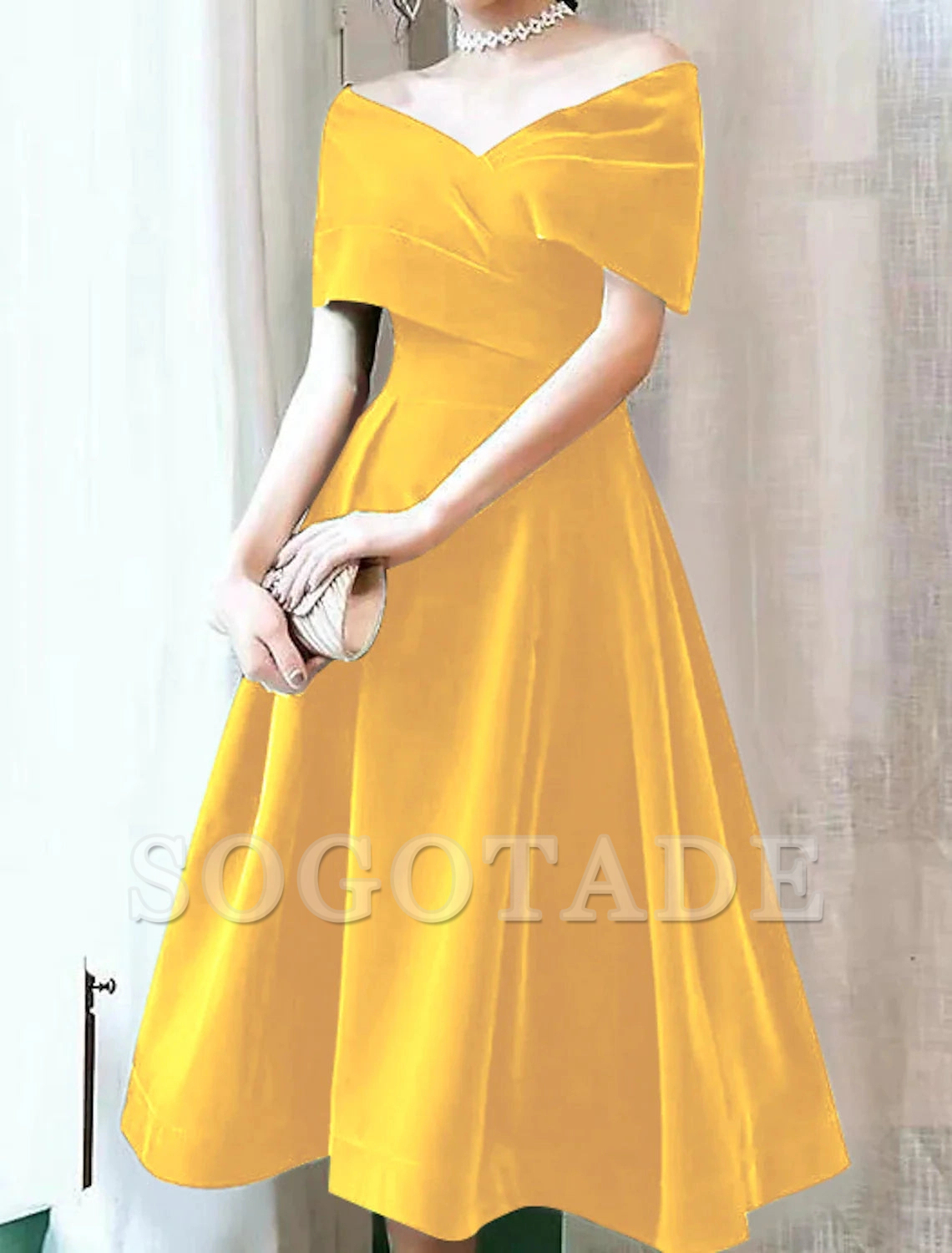 A-Line Cocktail Black Dress 1950s Dress Christmas Red Green Dress Fall Wedding Guest Dress Knee Length Short Sleeve Off Shoulder Velvet with Pleats Pure Color-SOGOTADE