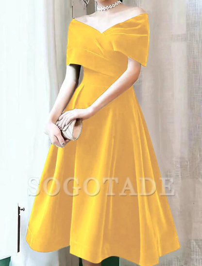 A-Line Cocktail Black Dress 1950s Dress Christmas Red Green Dress Fall Wedding Guest Dress Knee Length Short Sleeve Off Shoulder Velvet with Pleats Pure Color-SOGOTADE