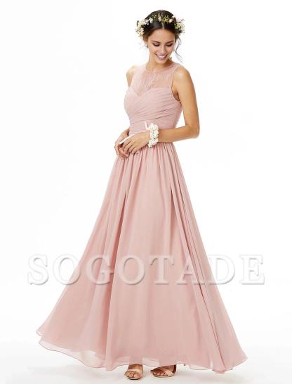 A-Line Bridesmaid Dress Jewel Neck Sleeveless See Through Floor Length Chiffon / Lace with Lace / Criss Cross / Pleats-SOGOTADE
