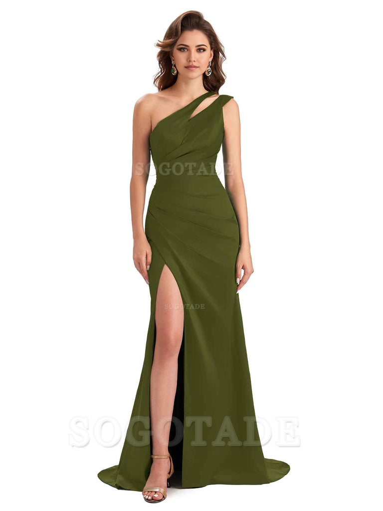 Mermaid One Shoulder Satin Sexy formal dresses evening gown Bridesmaid Dresses With Side Slit 
