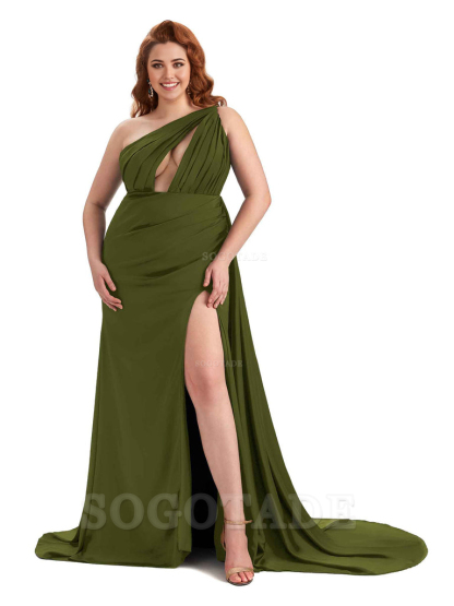 One Shoulder Sleeveless Sexy Side Slit Mermaid Soft Satin Long Plus Size Bridesmaid Dresses Online