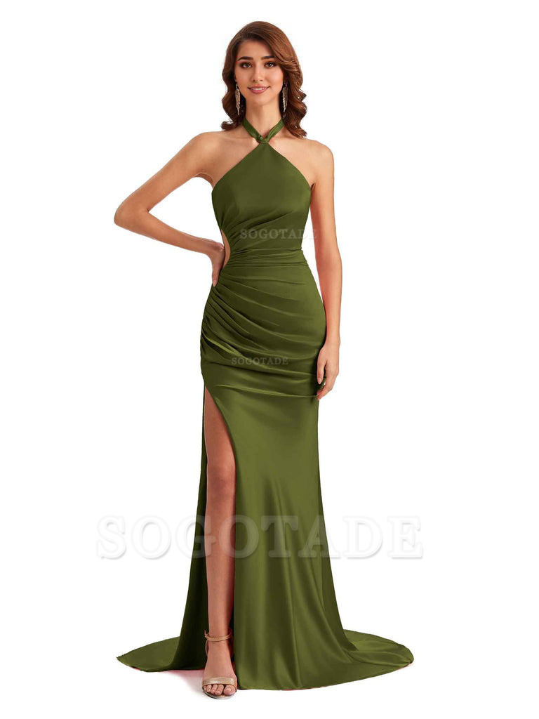 Sexy Halter Mermaid Silky Satin Unique Long Formal Wedding Guest Dresses