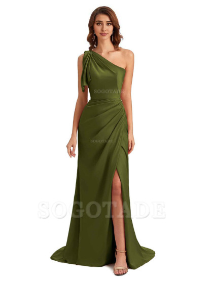 Sexy One Shoulder Mermaid Side Slit Unique Silky Satin Bridesmaid Dresses 