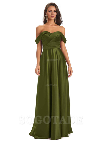 Sexy Soft Satin Off The Shoulder A-Line Long Bridesmaid Dresses Elegant Evening Party Dress