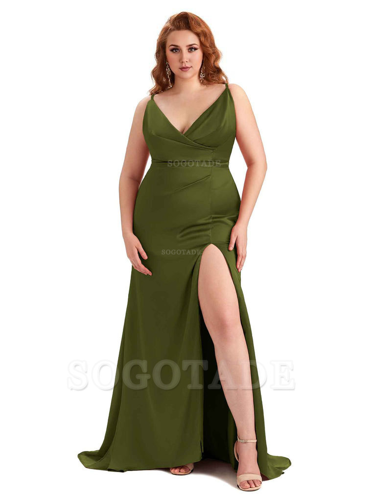 Sexy Side Slit Spaghetti Straps Mermaid Soft Satin Fashion Bridesmaid Dresses