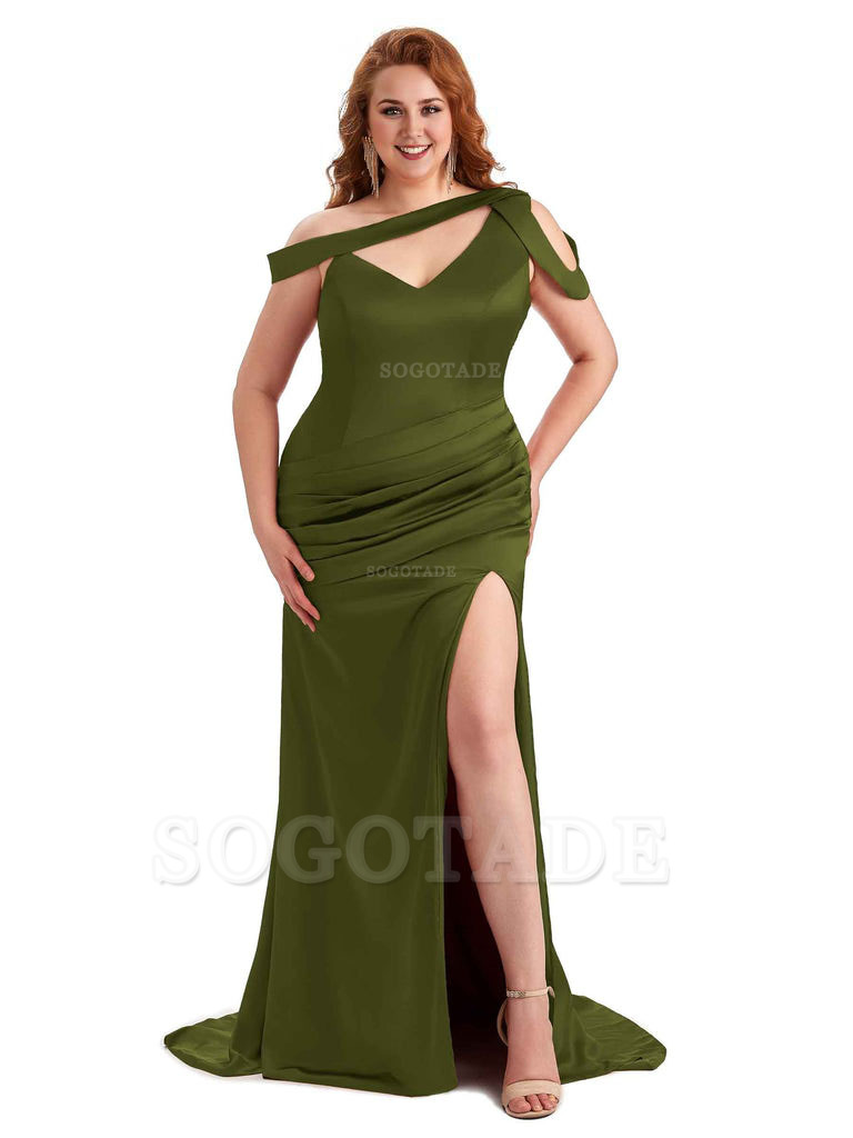 Sexy V-Neck Side Slit Unique Mermaid Soft Satin Long Plus Size Bridesmaid Dress For Wedding