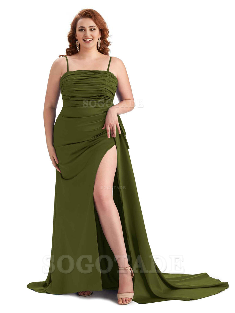 Sexy Side Slit Spaghetti Straps Mermaid Soft Satin Long Plus Size Bridesmaid Dresses Online
