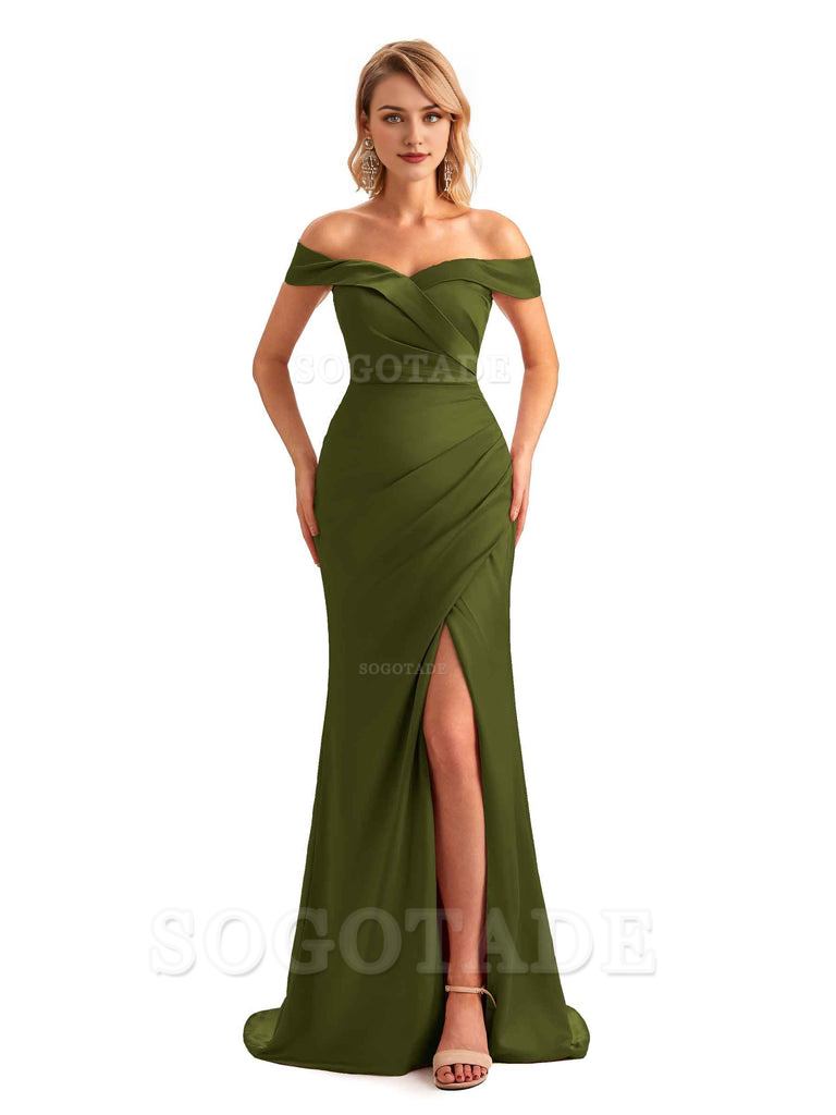 Off Shoulder Side Slit Mermaid Silky Satin Unique Long Formal Wedding Guest Dresses Online