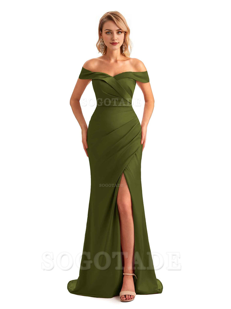 Off Shoulder Side Slit Mermaid Silky Satin Unique Long Formal Wedding Guest Dresses Online