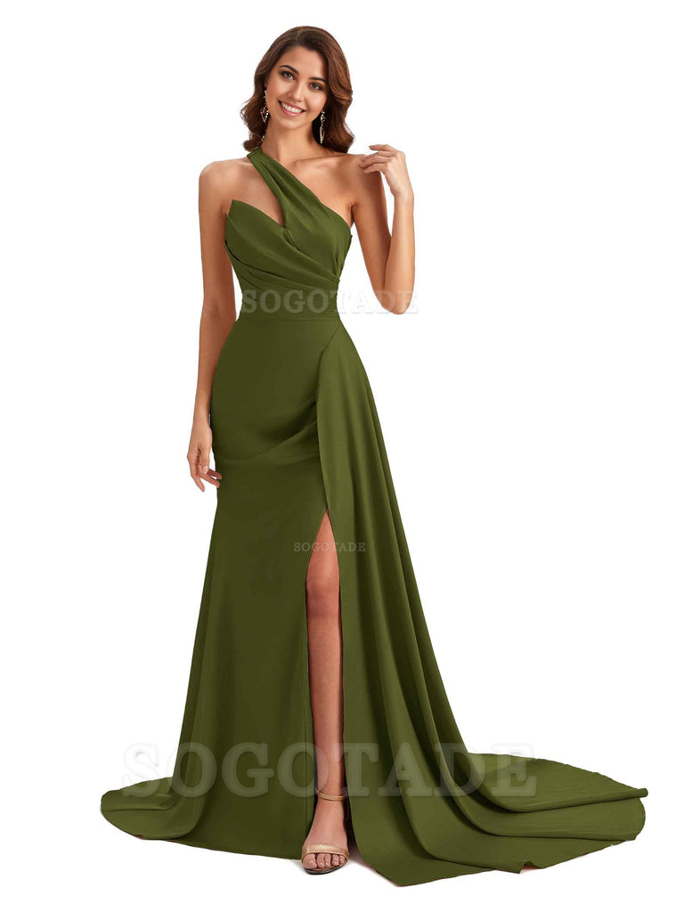 Mermaid One shoulder Satin formal dresses evening gown Bridesmaid Dresses With Side Slit 