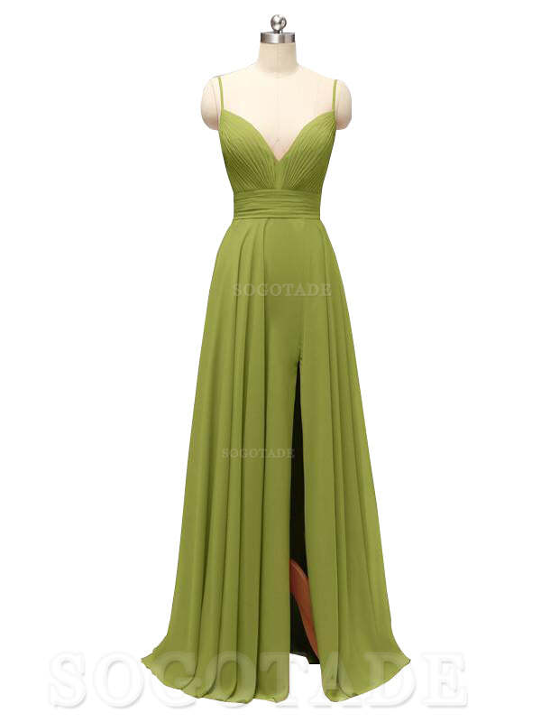 Honest Chiffon Spaghetti Straps Slit Long Bridesmaid Dresses prom shop dresses