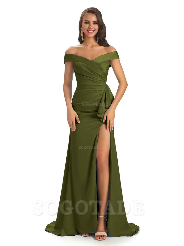 Sexy Soft Satin Side Slit Off The Shoulder Maxi Long Mermaid Bridesmaid Dresses prom shop dresses