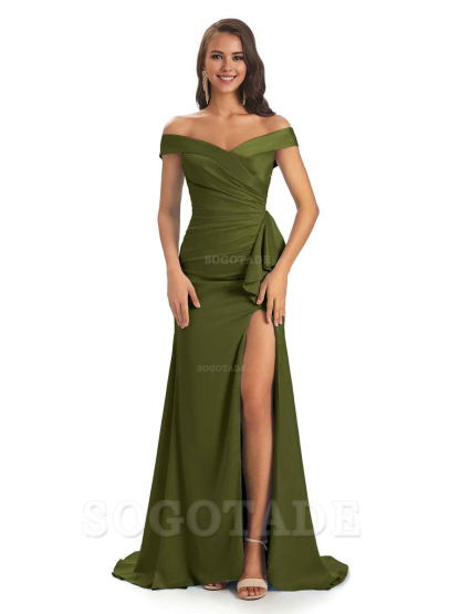Sexy Soft Satin Side Slit Off The Shoulder Maxi Long Mermaid Bridesmaid Dresses prom shop dresses