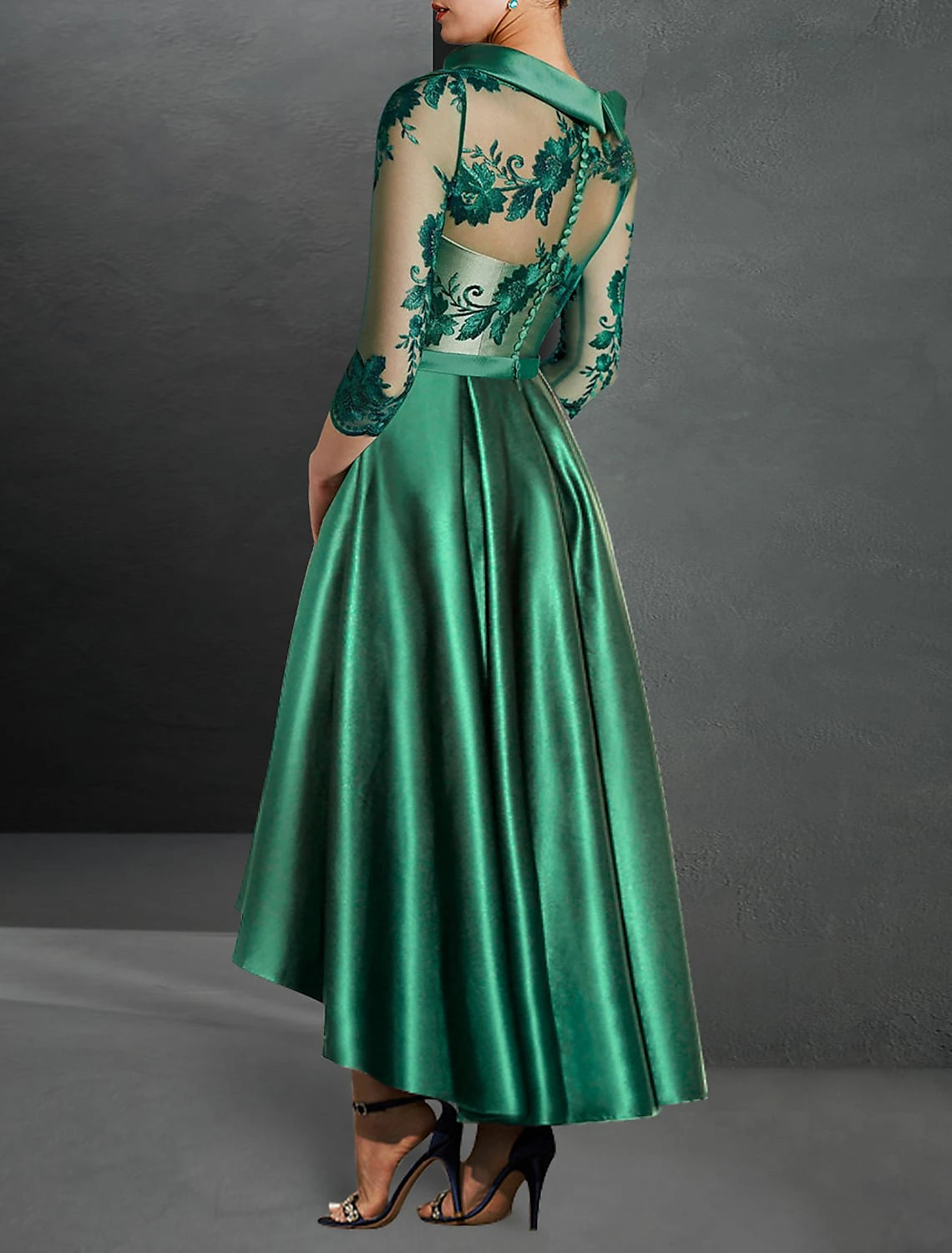A-Line Cocktail Dress Christmas Red Green Dresses Elegant Dress Christmas Red Green Dress Formal Asymmetrical 3/4 Length Sleeve Jewel Neck Fall Wedding Guest Satin with Pleats Appliques 2024-SOGOTADE