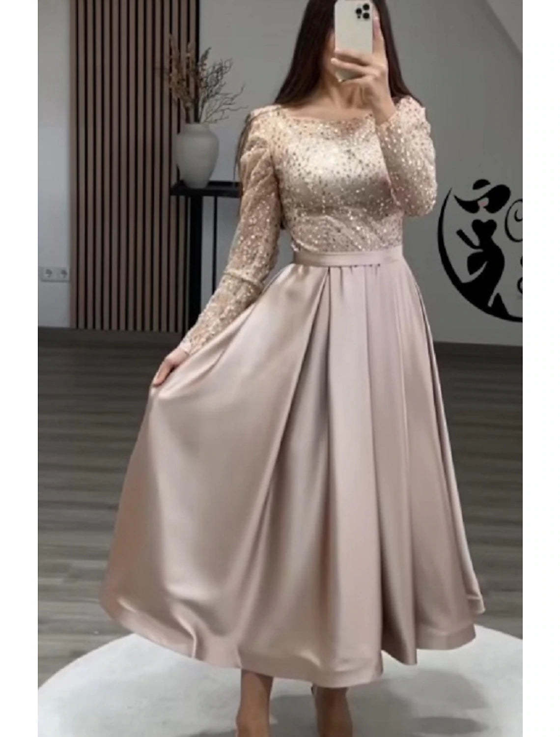 A-Line Evening Gown Sparkle Dress Formal Wedding Ankle Length Long Sleeve Jewel Neck Fall Wedding Guest Satin with Pearls Sequin-SOGOTADE