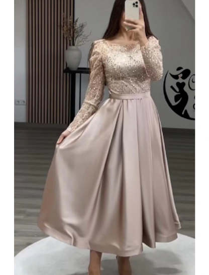 A-Line Evening Gown Sparkle Dress Formal Wedding Ankle Length Long Sleeve Jewel Neck Fall Wedding Guest Satin with Pearls Sequin-SOGOTADE