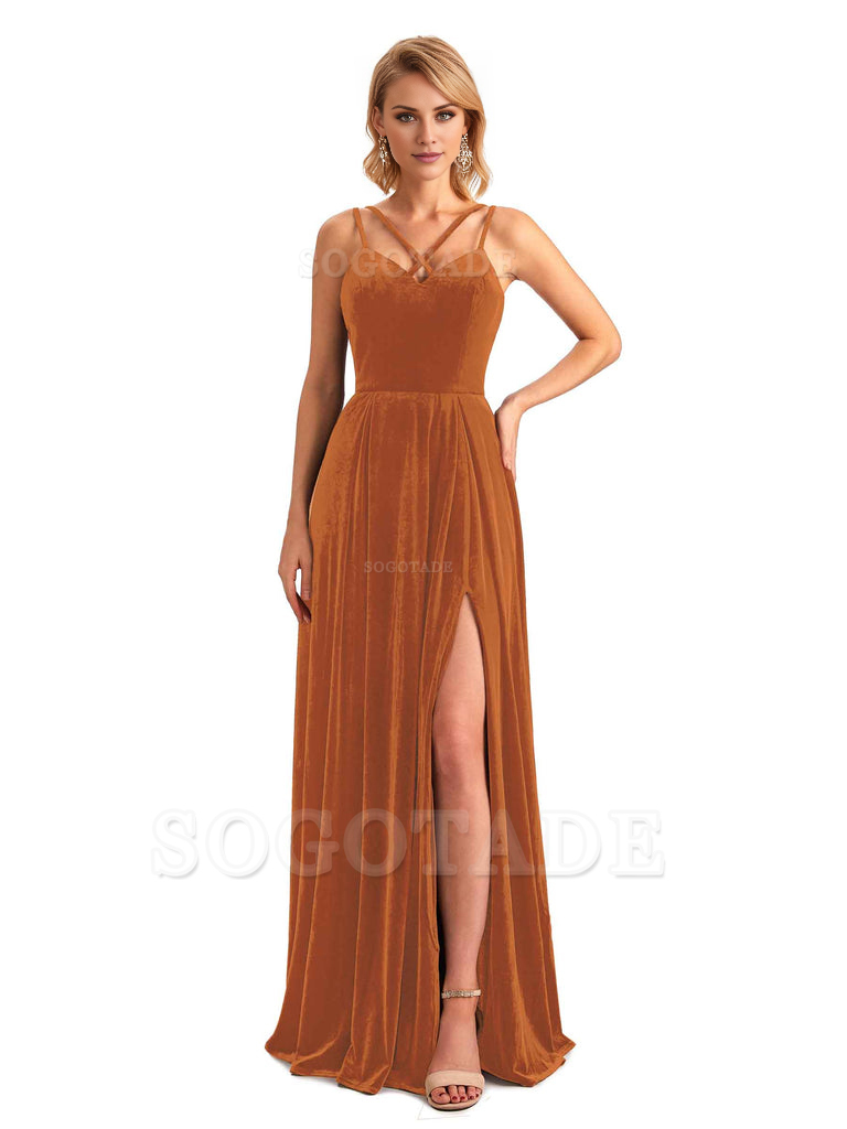 Sexy Side Slit Spaghetti Straps Unique Velvet Long Bridesmaid Dresses Online
