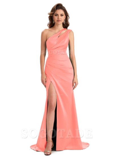 Mermaid One Shoulder Satin Sexy formal dresses evening gown Bridesmaid Dresses With Side Slit 