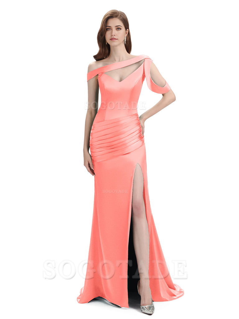 Mermaid V-Neck Satin Floor-Length formal dresses evening gown Bridesmaid Dresses With Side Slit 