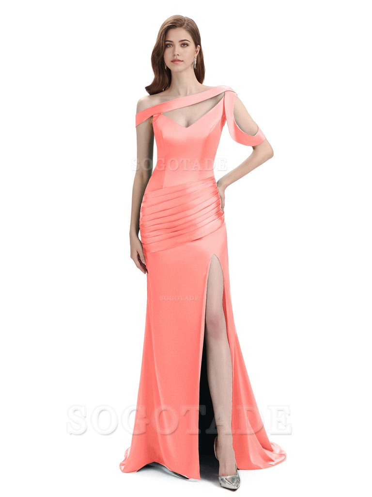 Mermaid V-Neck Satin Floor-Length formal dresses evening gown Bridesmaid Dresses With Side Slit 