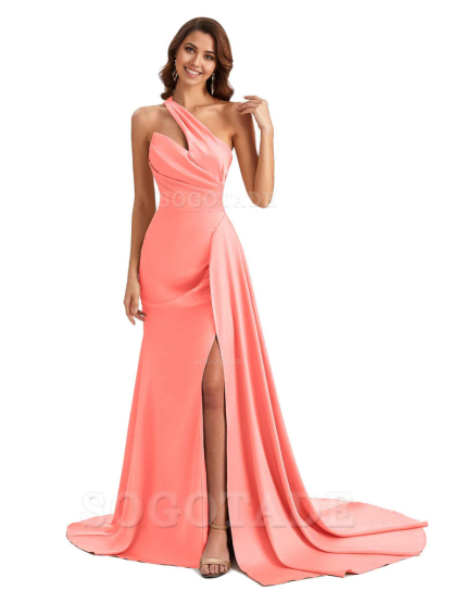 Mermaid One shoulder Satin formal dresses evening gown Bridesmaid Dresses With Side Slit 
