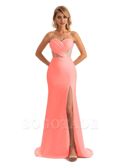 Sexy Sweetheart Strapless Side Slit Mermaid Soft Satin Unique Long Bridesmaid Dress For Wedding