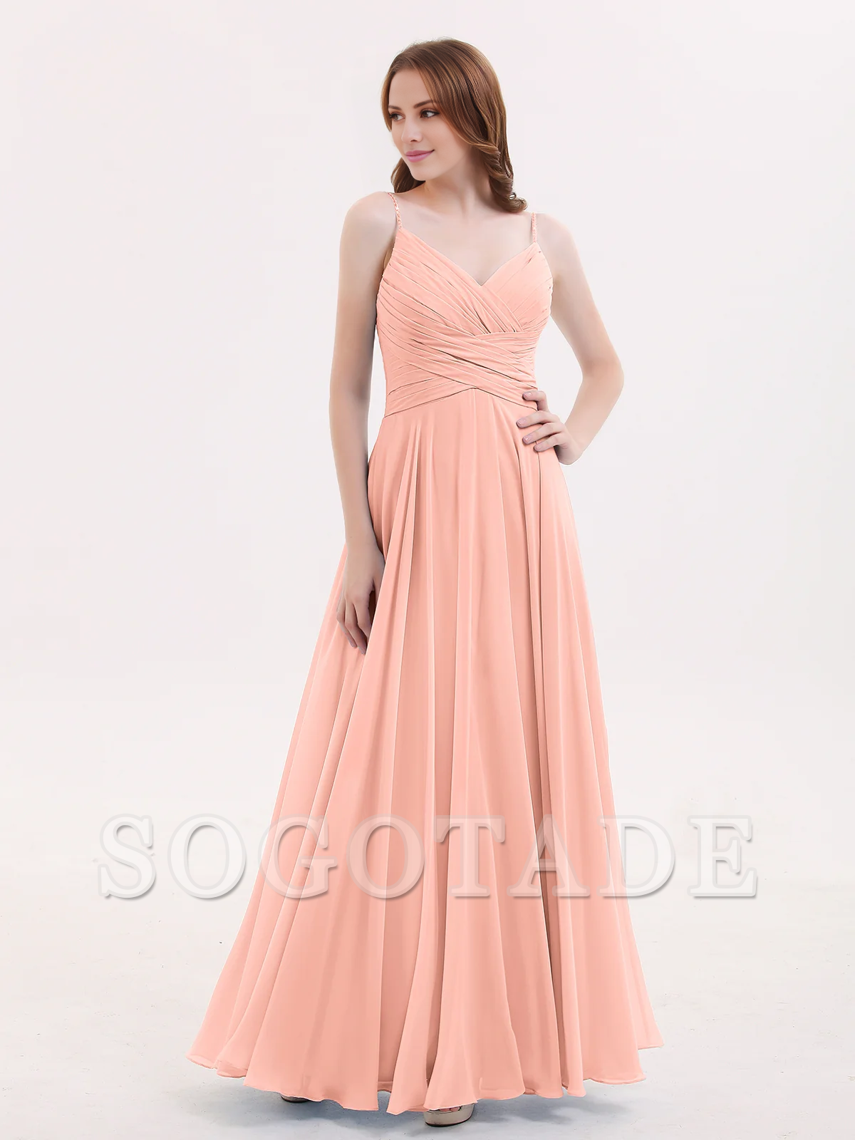 V-neck Fine Shoulder Strap Floor Length Chiffon Bridesmaid Dresses Online