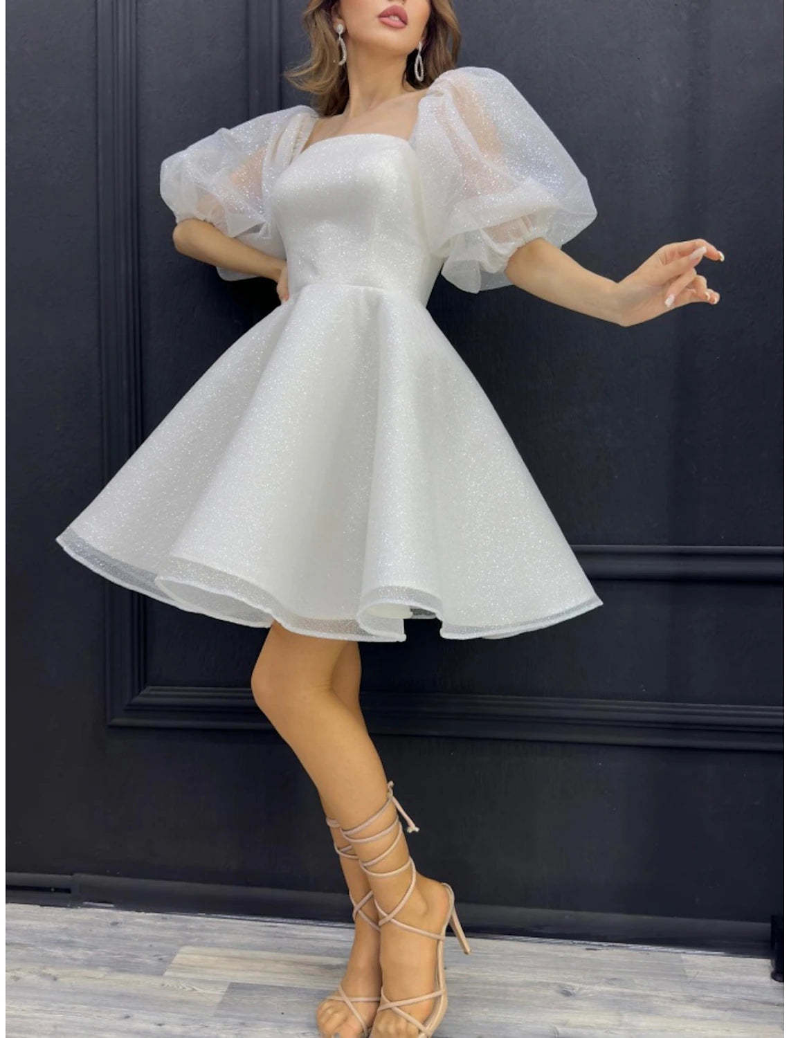 A-Line Homecoming Dresses Sparkle Dress Homecoming Short / Mini Half Sleeve Square Neck Sequined with Glitter Pleats-SOGOTADE