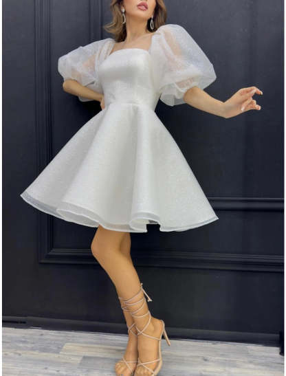 A-Line Homecoming Dresses Sparkle Dress Homecoming Short / Mini Half Sleeve Square Neck Sequined with Glitter Pleats-SOGOTADE