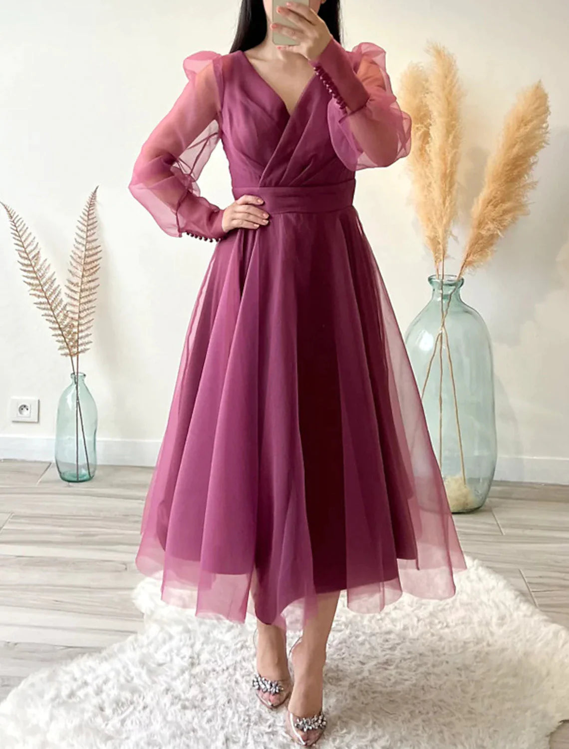 A-Line Cocktail Dresses Minimalist Dress Christmas Red Green Dress Wedding Guest Tea Length Long Sleeve V Neck Organza with Buttons Pure Color-SOGOTADE