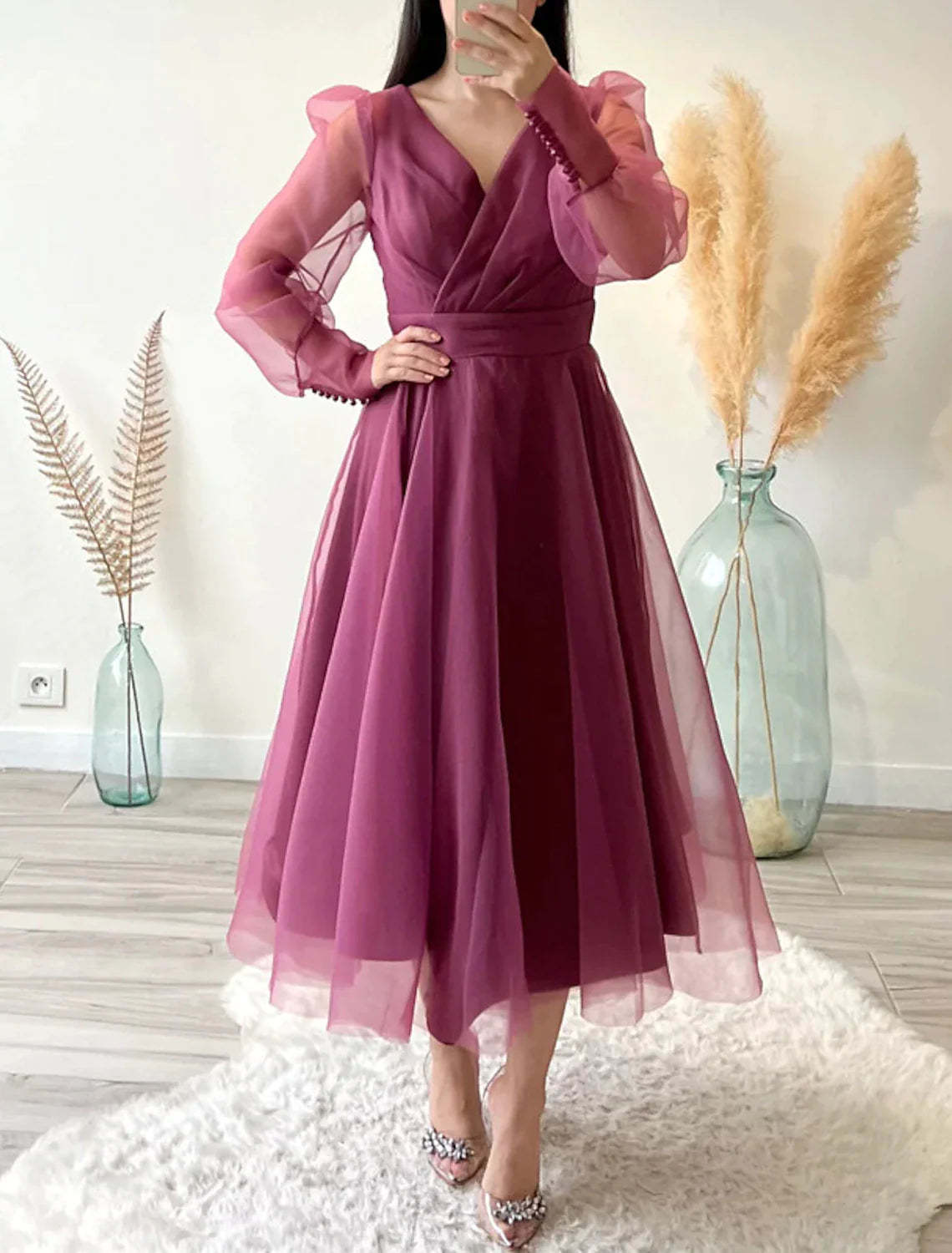 A-Line Cocktail Dresses Minimalist Dress Christmas Red Green Dress Wedding Guest Tea Length Long Sleeve V Neck Organza with Buttons Pure Color-SOGOTADE