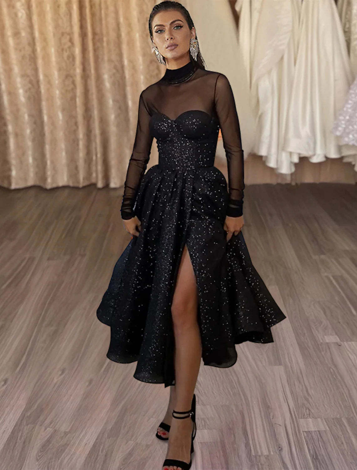 A-Line Cocktail Dresses Sparkle & Shine Dress Wedding Guest Party Wear Tea Length Long Sleeve High Neck Wednesday Addams Family Tulle with Glitter Slit-SOGOTADE