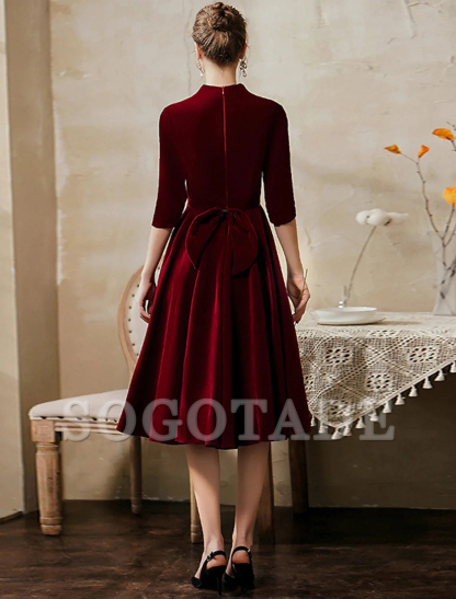 A-Line Minimalist Vintage Party Wear Cocktail Party Dress V Neck Half Sleeve Tea Length Velvet with Sleek-SOGOTADE