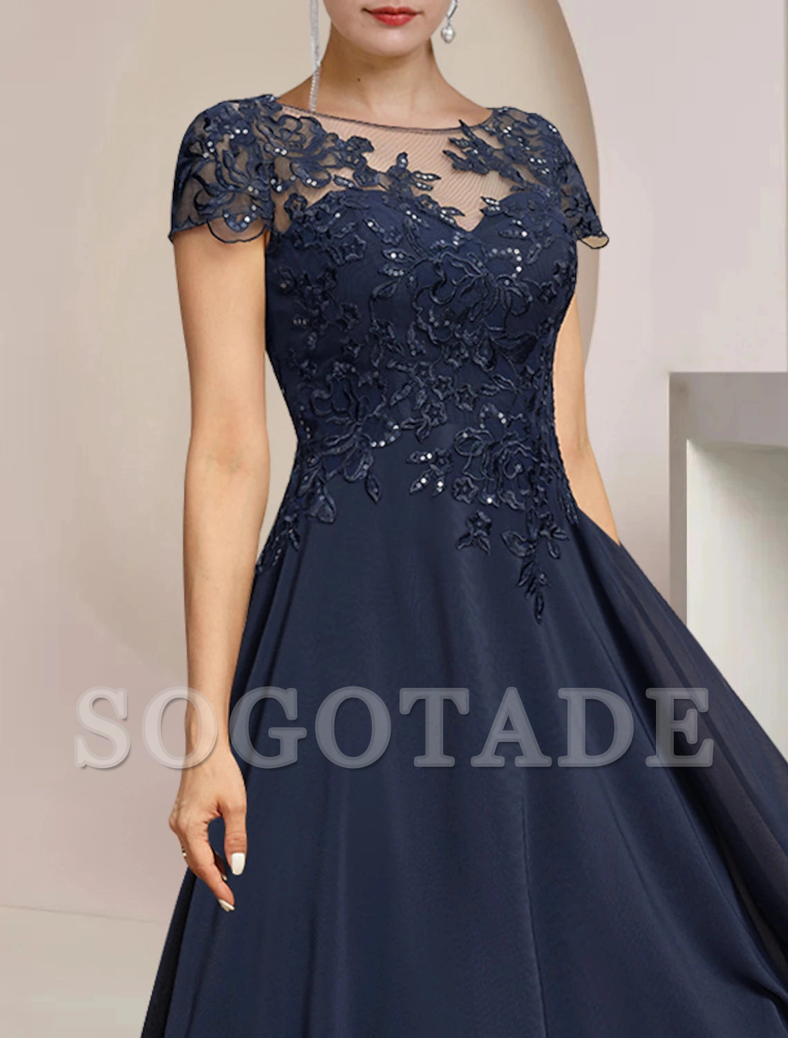 A-Line Mother of the Bride Dress Formal Wedding Guest Elegant High Low Scoop Neck Asymmetrical Tea Length Chiffon Lace Short Sleeve with Sequin Appliques-SOGOTADE
