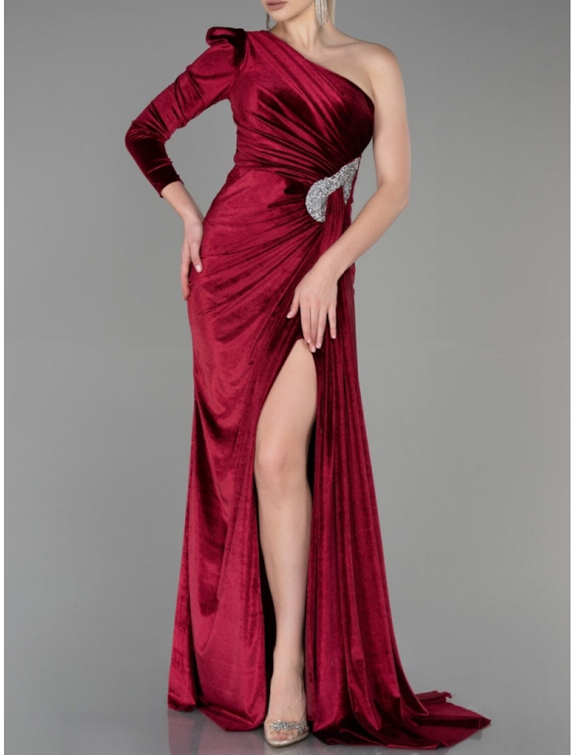 A-Line Evening Gown Christmas Elegant Dress Formal Sweep / Brush Train Long Sleeve One Shoulder Velvet with Glitter Pleats Ruched 2024-SOGOTADE