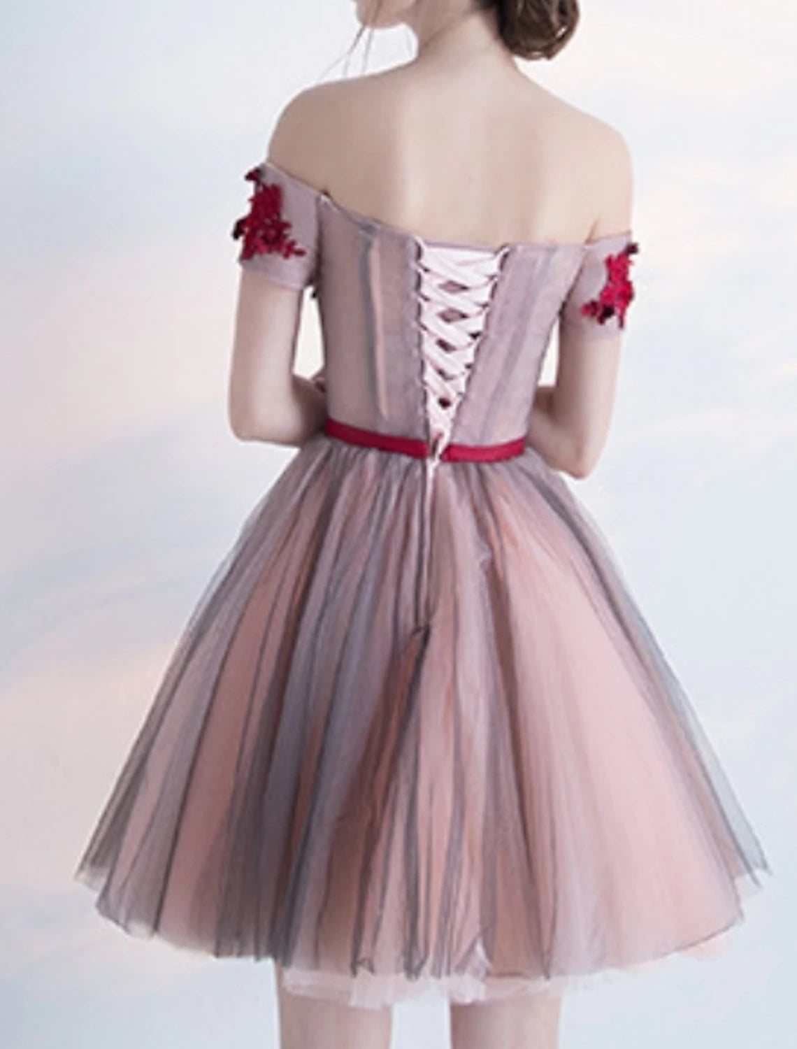 A-Line Cocktail Dresses Party Dress Valentine's Day Homecoming Short / Mini Short Sleeve Off Shoulder Pink Dress Tulle with Bow(s) Appliques-SOGOTADE