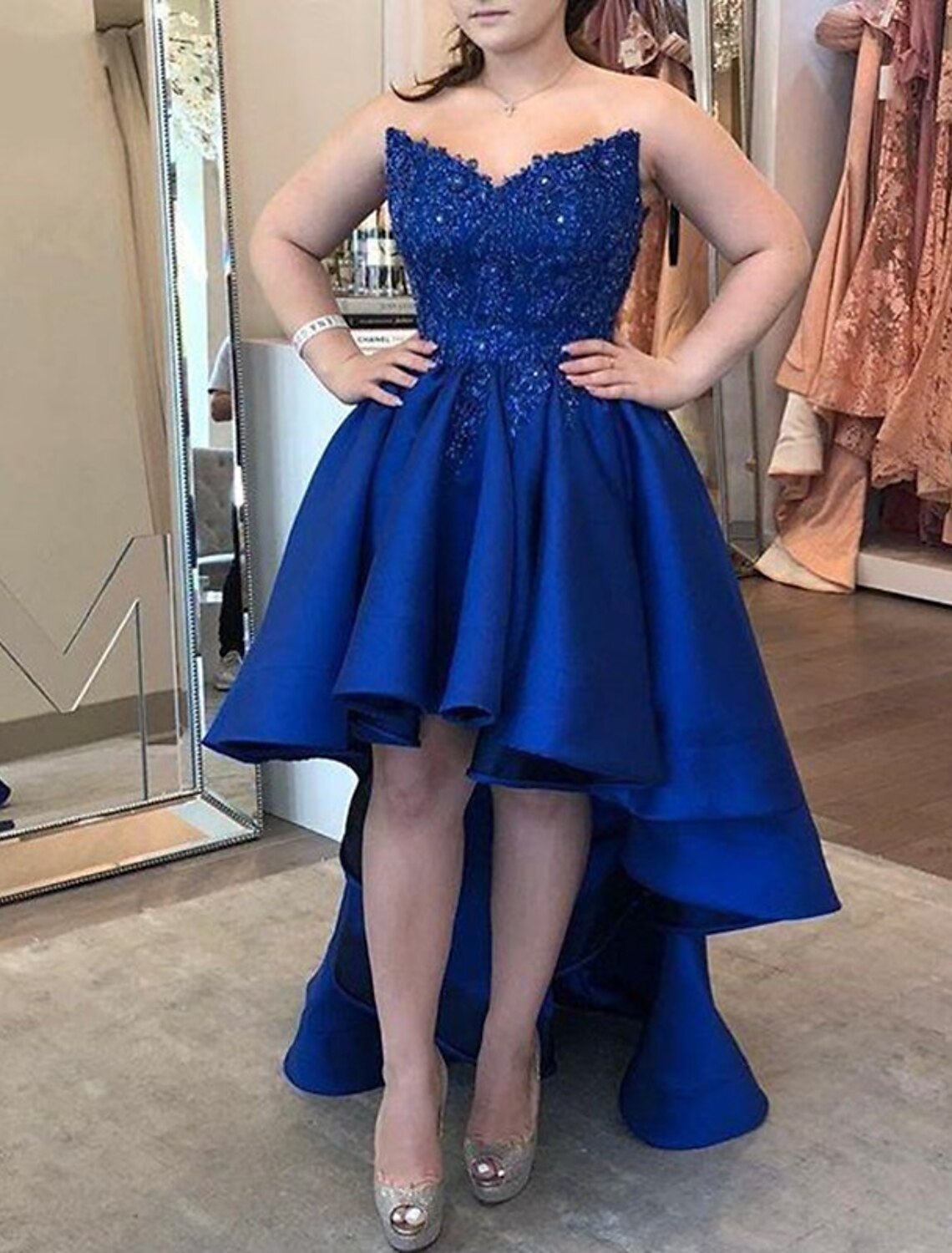 A-Line Homecoming Dresses High Low Dress Holiday Graduation Asymmetrical Sleeveless Strapless Satin with Pleats Appliques-SOGOTADE