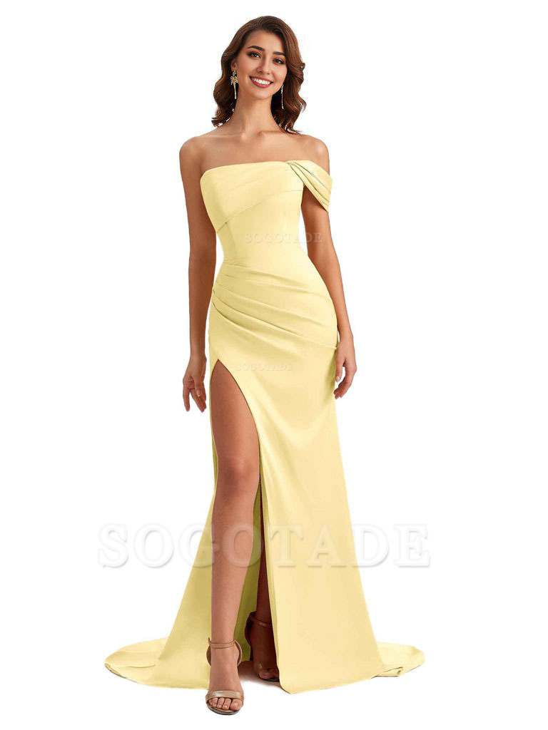 Unique One Shoulder Side Slit Satin Long Formal Dresses For Bridesmaid Dresses