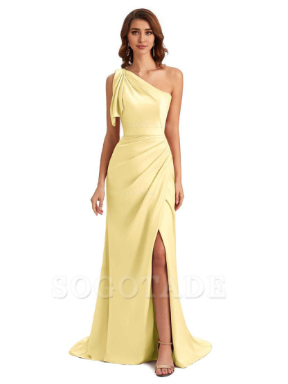 Sexy One Shoulder Mermaid Side Slit Unique Silky Satin Bridesmaid Dresses 