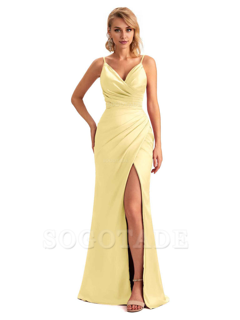 Sexy Side Slit V-Neck Mermaid Silky Satin Unique Long Formal Ladies Bridesmaid Dresses