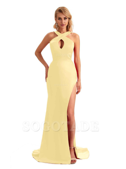 Sexy Side Slit Halter Mermaid Silky Satin Unique Long Formal Wedding Bridesmaid Dresses