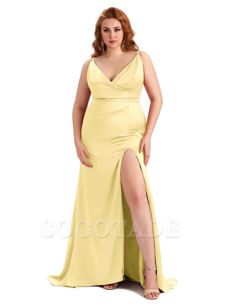Sexy Side Slit Spaghetti Straps Mermaid Soft Satin Fashion Bridesmaid Dresses