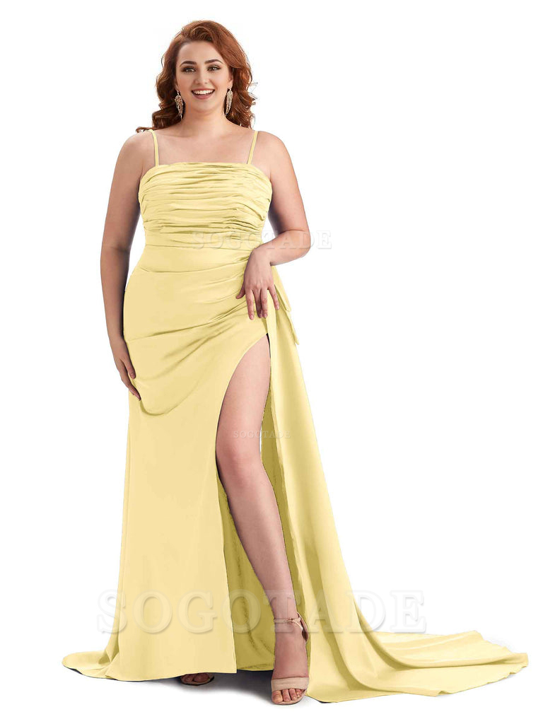 Sexy Side Slit Spaghetti Straps Mermaid Soft Satin Long Plus Size Bridesmaid Dresses Online