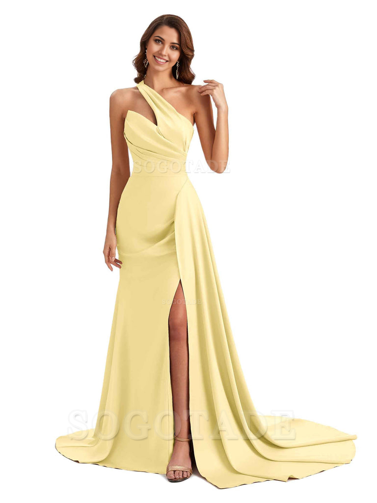 Mermaid One shoulder Satin formal dresses evening gown Bridesmaid Dresses With Side Slit 