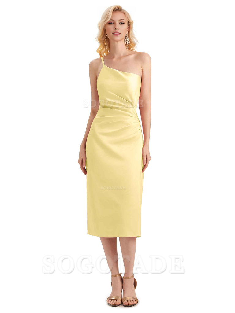 Sexy Soft Satin Side Slit One Shoulder Satin Midi Bridesmaid Dresses Online