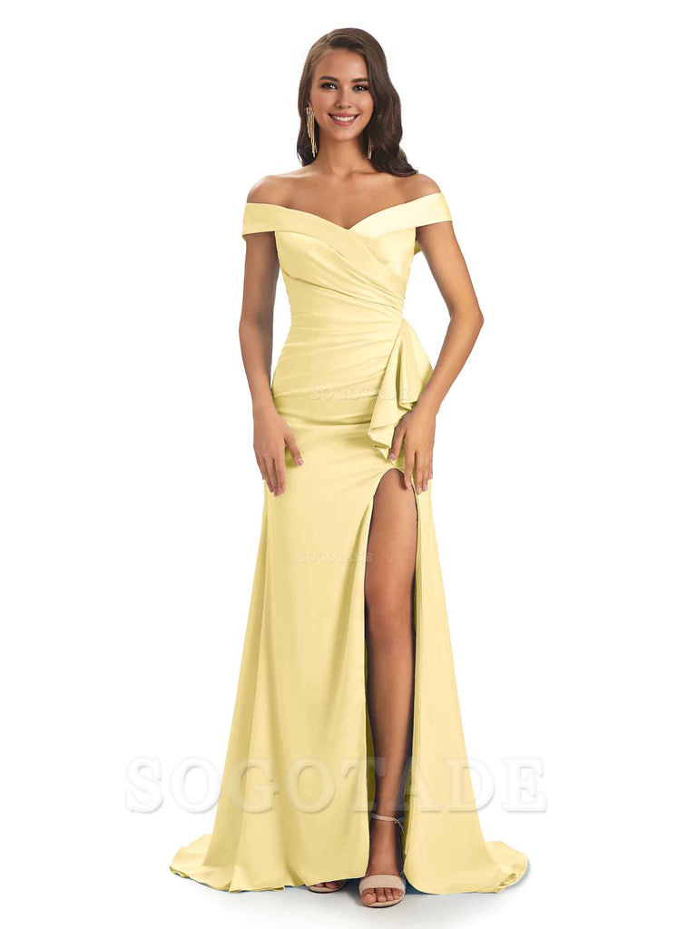 Sexy Soft Satin Side Slit Off The Shoulder Maxi Long Mermaid Bridesmaid Dresses prom shop dresses